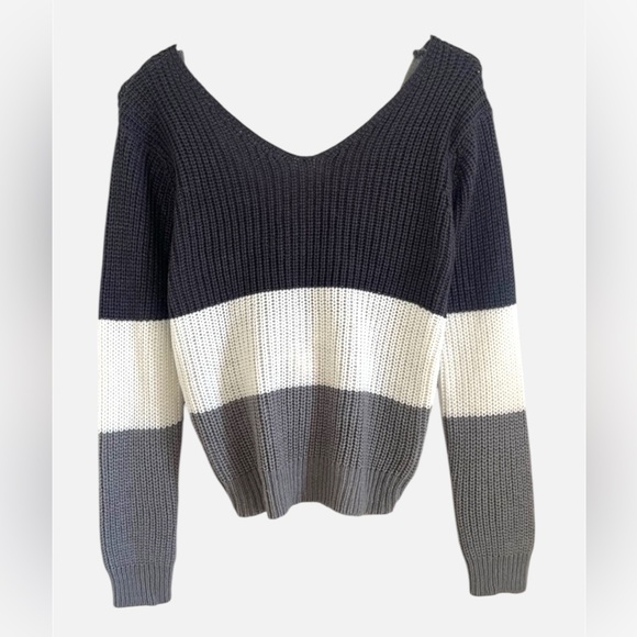 Poof Apparel Sweaters - Poof apparel color block neutral preppy  V-Neck Sweater Black, White, Gray  S